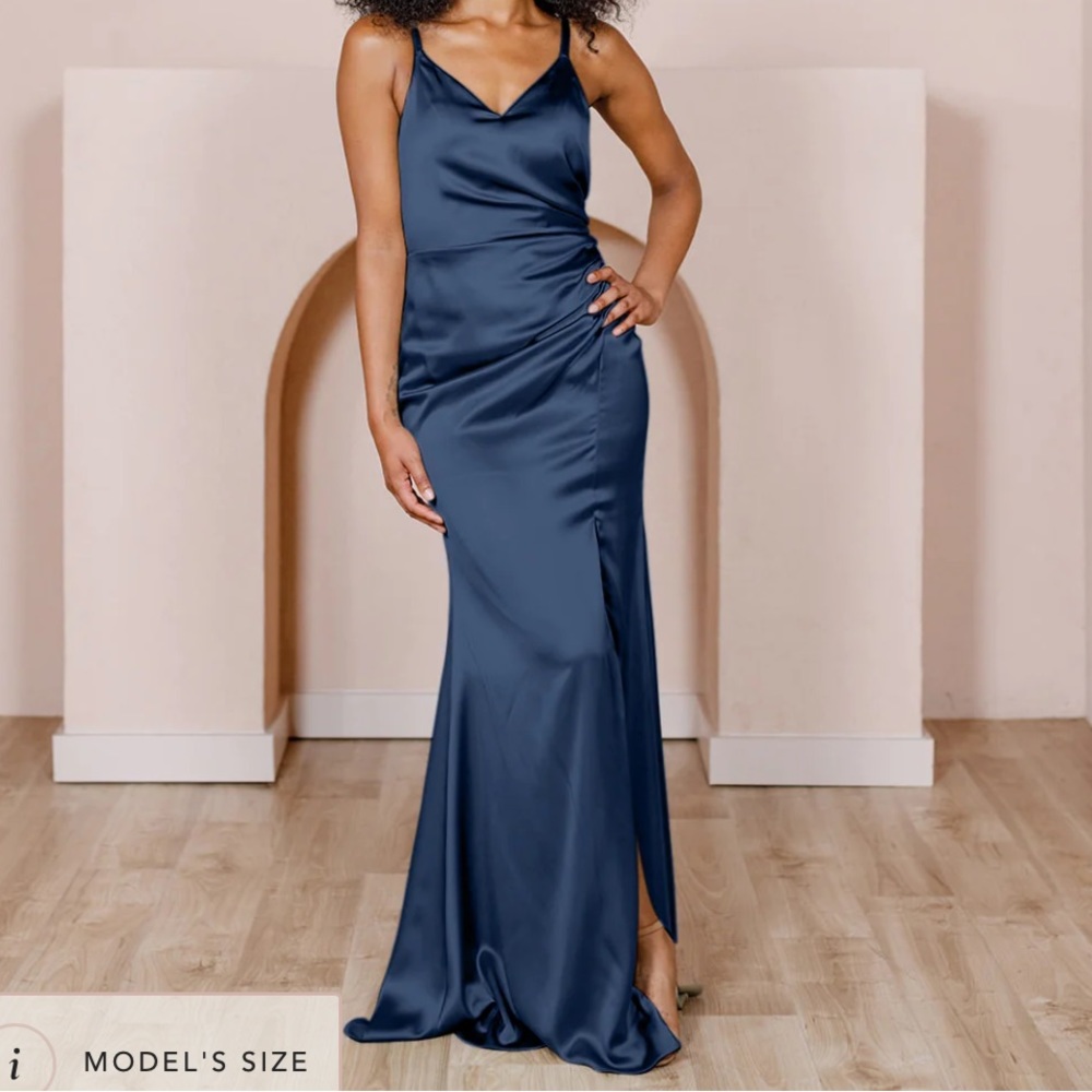 Revelry - Rory Maxi Dress - Navy Satin - Cowl Neck Formal Gown, Size 2